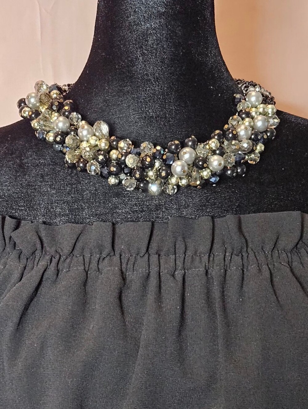 Vintage Statement Beaded Choker Necklace - Black, Silver & Pearl Clusters